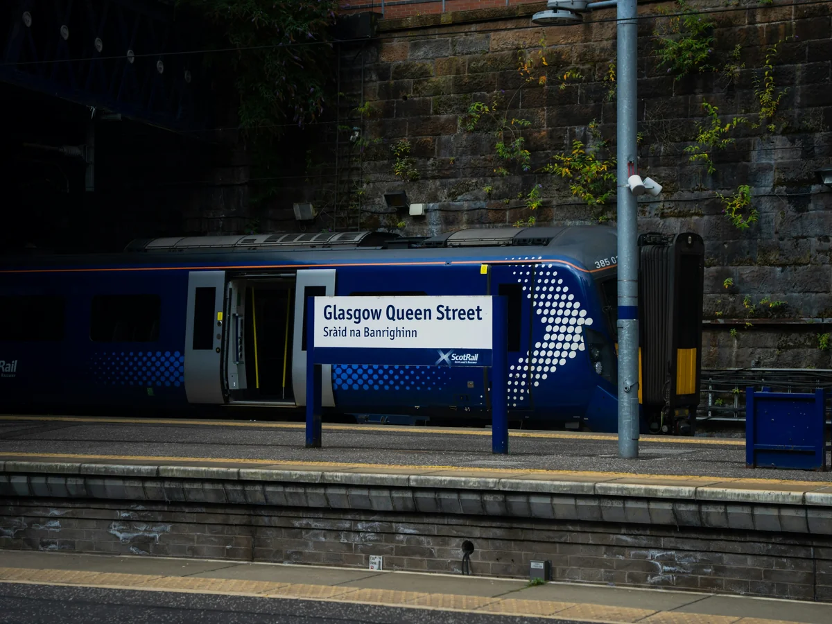 ScotRail Class 385 electric train at Glasgow Queen Street station platform